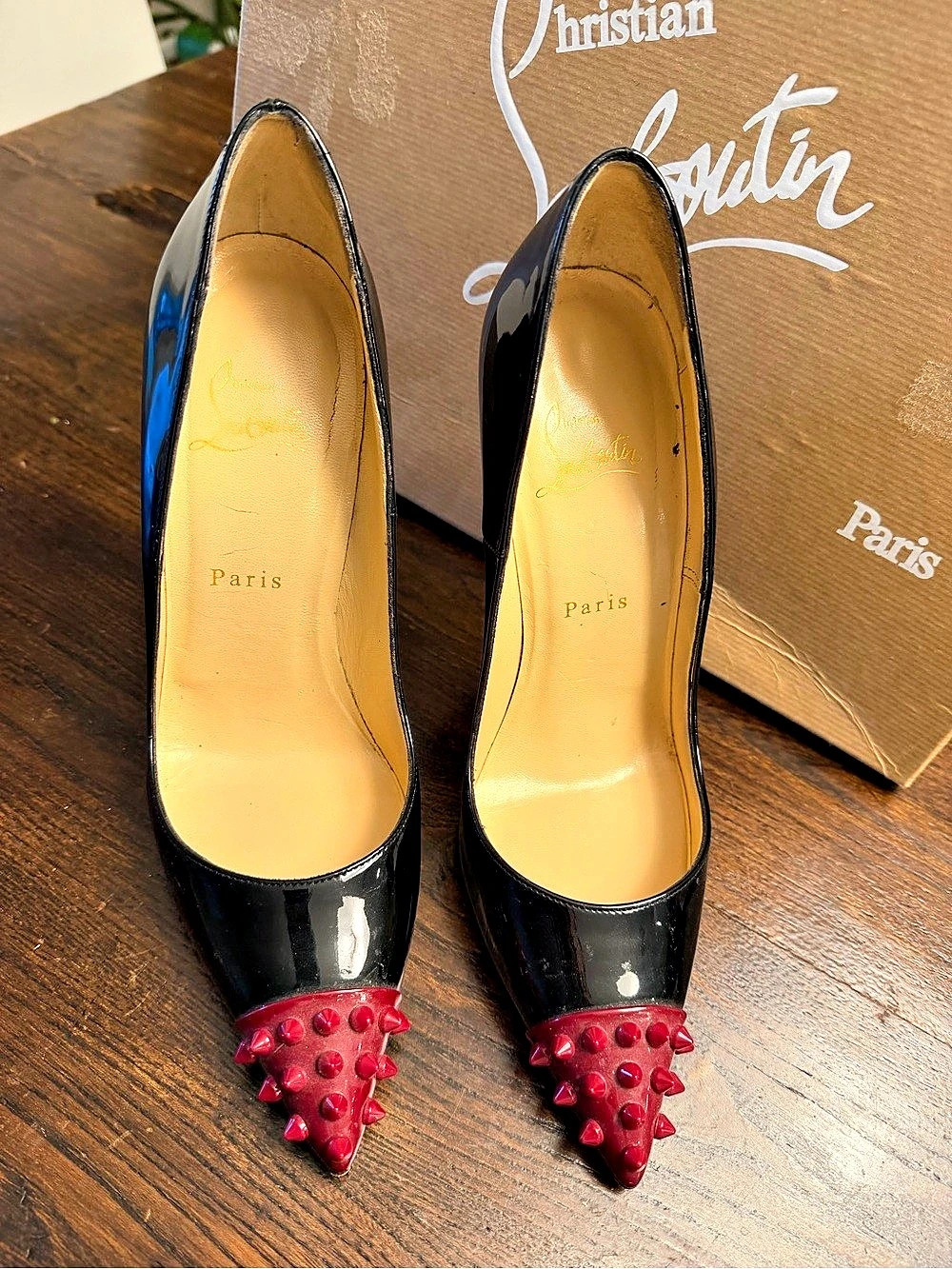 Christian Louboutin Pigalle Follies Spikes Patent Leather Pumps Red Studded Toe